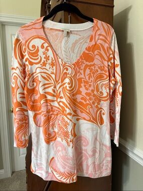 *Talbots Orange & Pink Floral V-Neck 3/4 Sleeve Top Sweater Spring Summer Beach